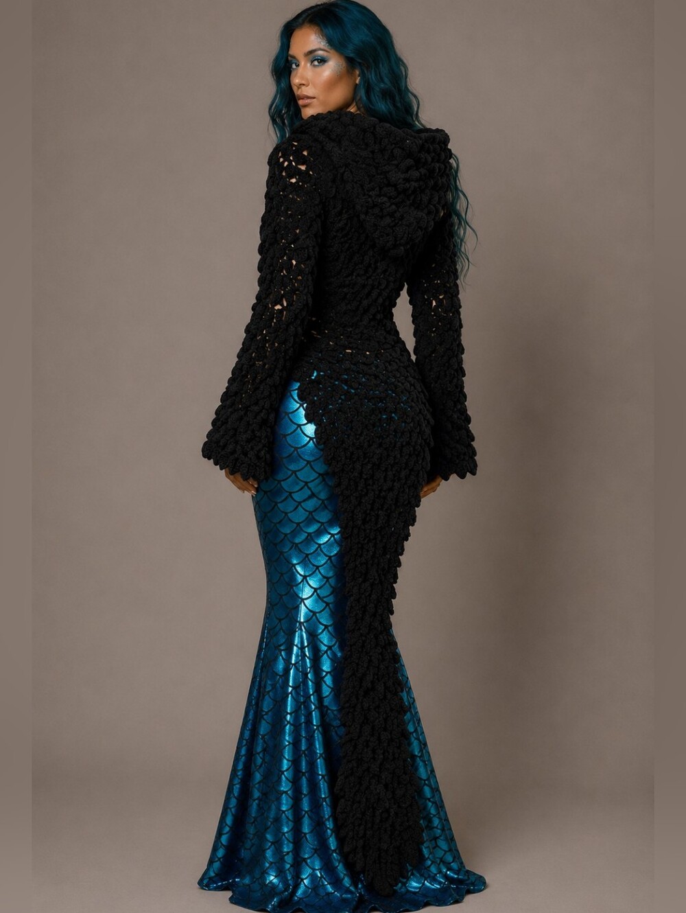 Handmade Mermaid Fish Scale Crochet Black Hooded Sweater